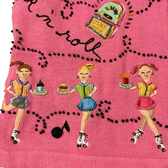 JACK B QUICK Cardigan Sweater Sz M Medium Pink 50s Rock Roller Skate Beaded 90s - Picture 5 of 14